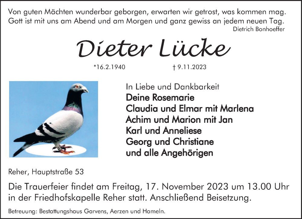  Traueranzeige für Dieter Lücke vom 14.11.2023 aus Deister- und Weserzeitung