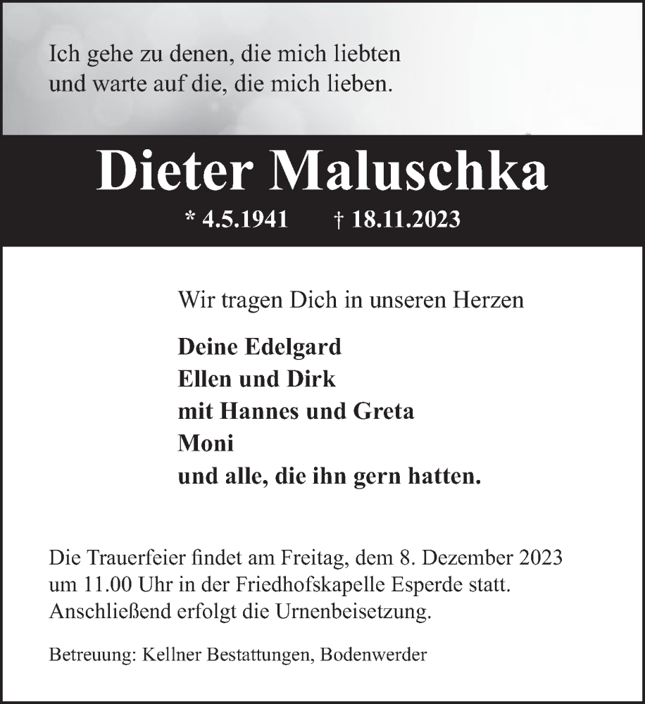  Traueranzeige für Dieter Maluschka vom 01.12.2023 aus Deister- und Weserzeitung