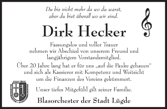 Traueranzeige von Dirk Hecker von Deister- und Weserzeitung