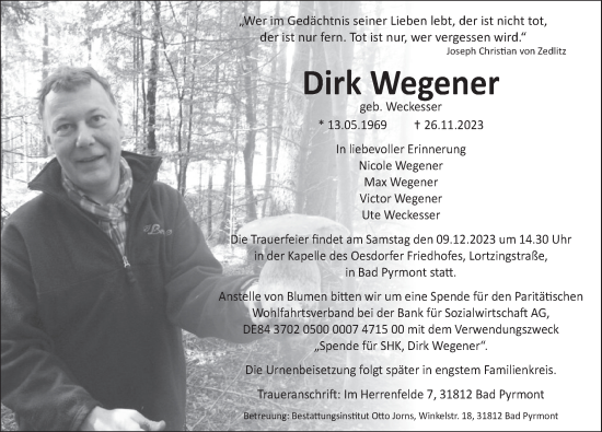 Traueranzeige von Dirk Wegener von Deister- und Weserzeitung