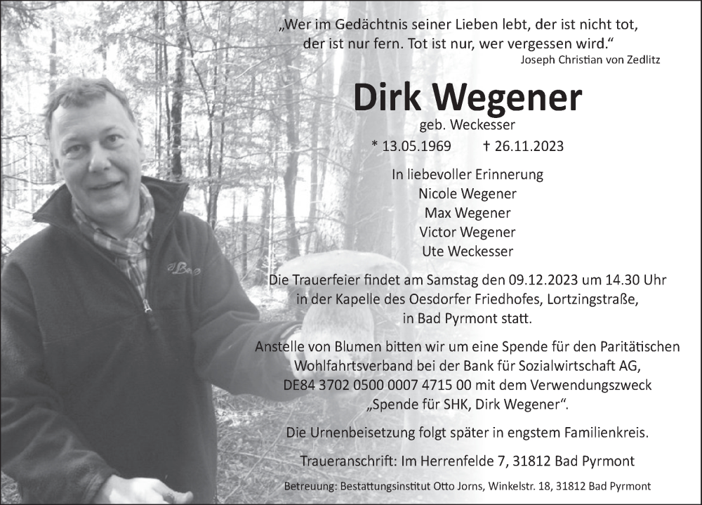  Traueranzeige für Dirk Wegener vom 02.12.2023 aus Deister- und Weserzeitung