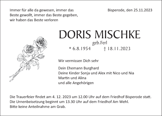 Traueranzeige von Doris Mischke von Deister- und Weserzeitung