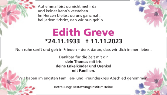 Traueranzeige von Edith Greve von Deister- und Weserzeitung