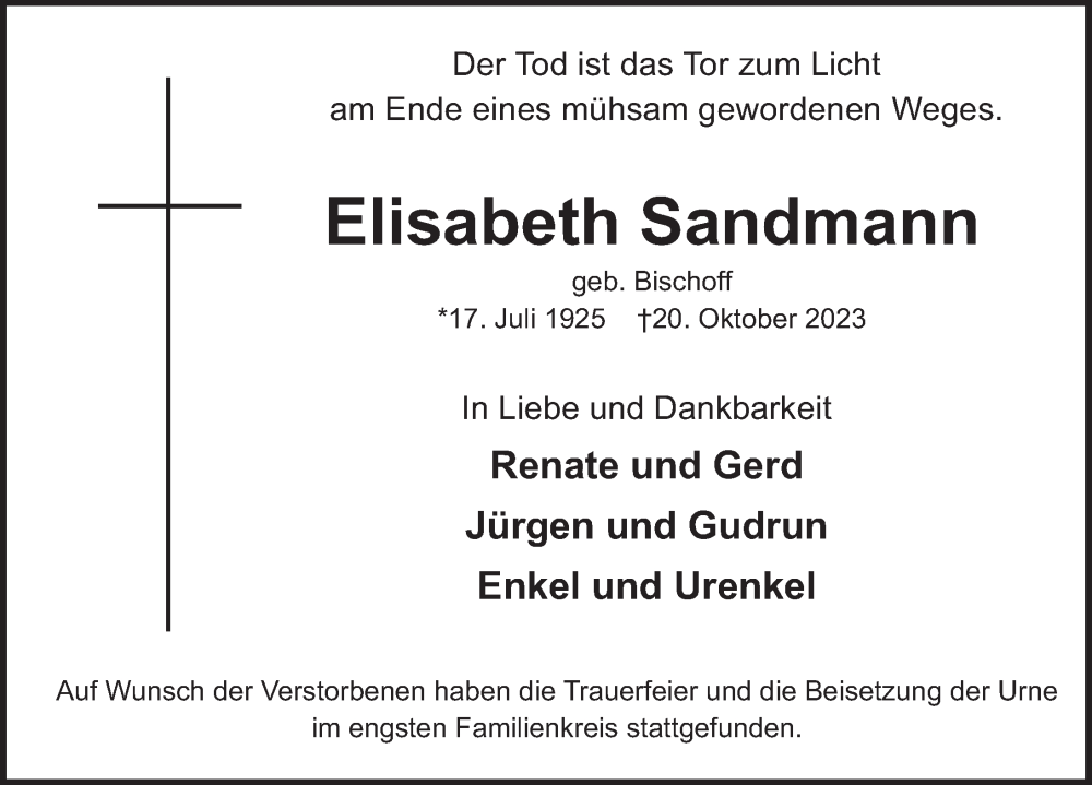  Traueranzeige für Elisabeth Sandmann vom 11.11.2023 aus Deister- und Weserzeitung