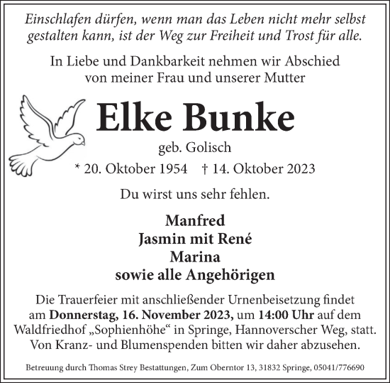 Traueranzeige von Elke Bunke von Neue Deister-Zeitung