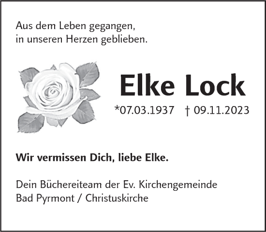 Traueranzeige von Elke Lock von Deister- und Weserzeitung