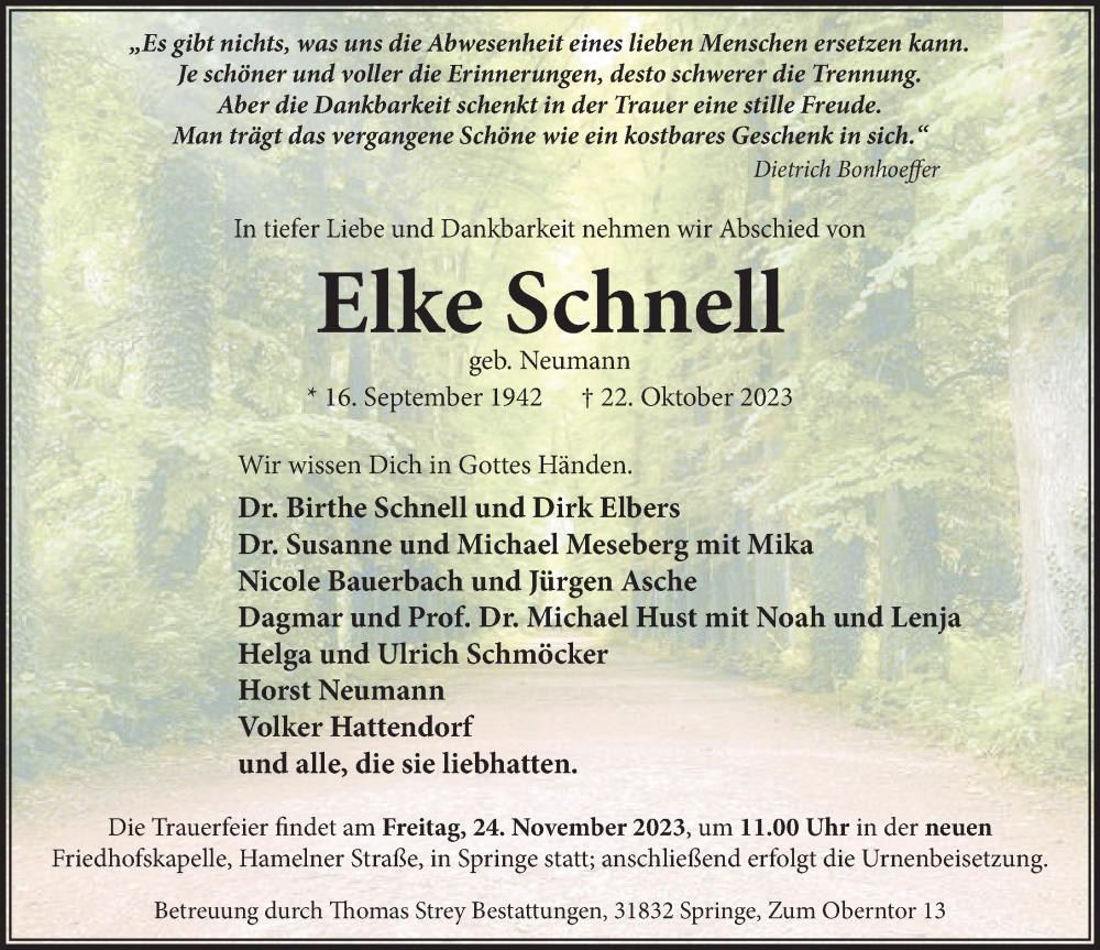  Traueranzeige für Elke Schnell vom 18.11.2023 aus Neue Deister-Zeitung
