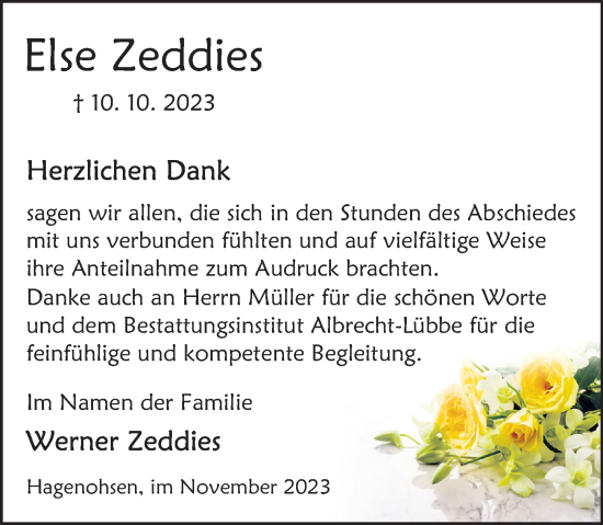 Traueranzeige von Else Zeddies von Deister- und Weserzeitung