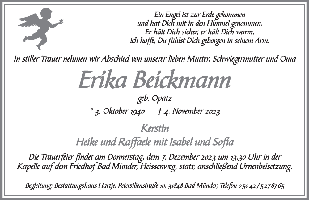  Traueranzeige für Erika Beickmann vom 02.12.2023 aus Neue Deister-Zeitung