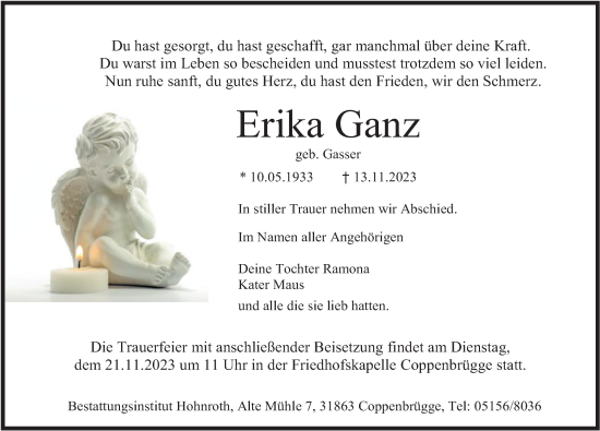 Traueranzeige von Erika Ganz von Deister- und Weserzeitung