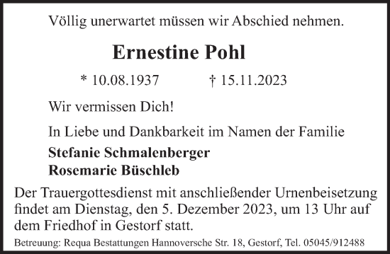 Traueranzeige von Ernestine Pohl von Neue Deister-Zeitung