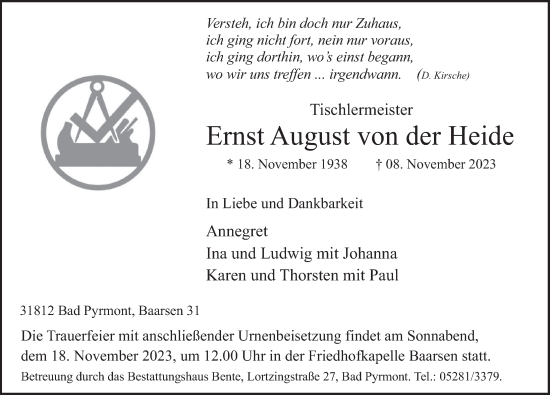 Traueranzeige von Ernst August von der Heide von Deister- und Weserzeitung