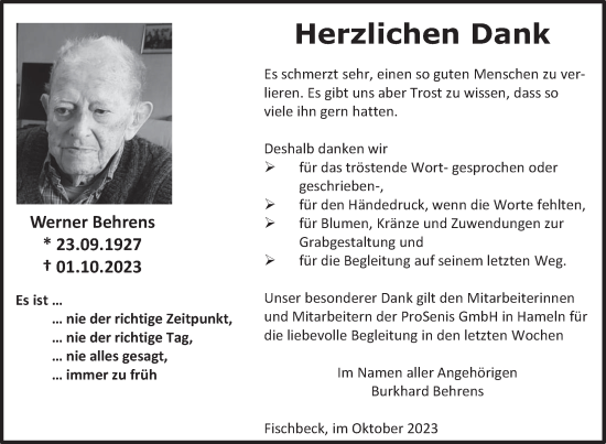 Traueranzeige von Werner Behrens von 	Deister- und Weserzeitun