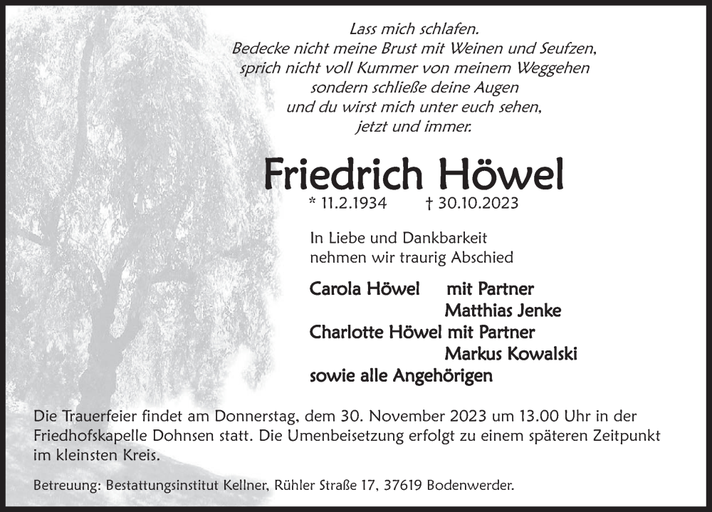  Traueranzeige für Friedrich Höwel vom 25.11.2023 aus Deister- und Weserzeitung