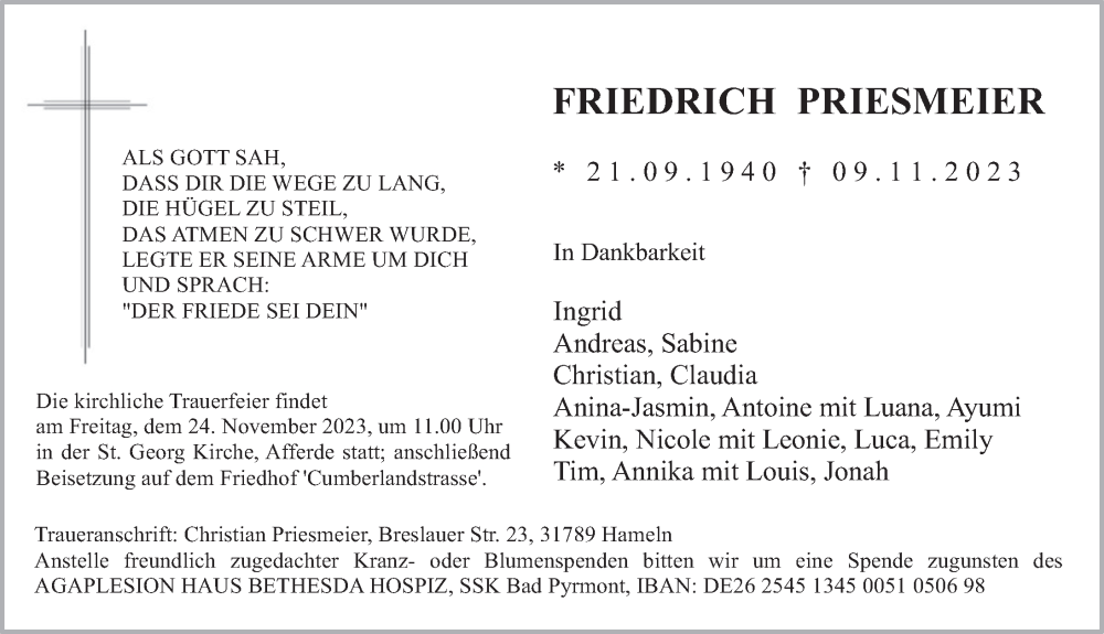  Traueranzeige für Friedrich Priesmeier vom 18.11.2023 aus Deister- und Weserzeitung