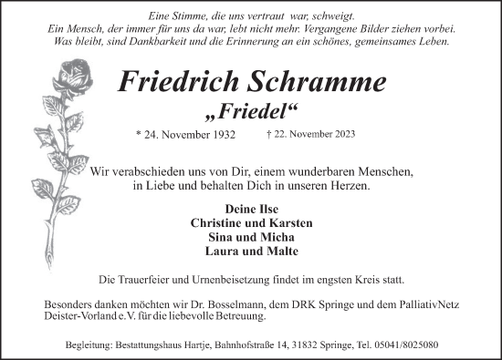 Traueranzeige von Friedrich Schramme von Neue Deister-Zeitung