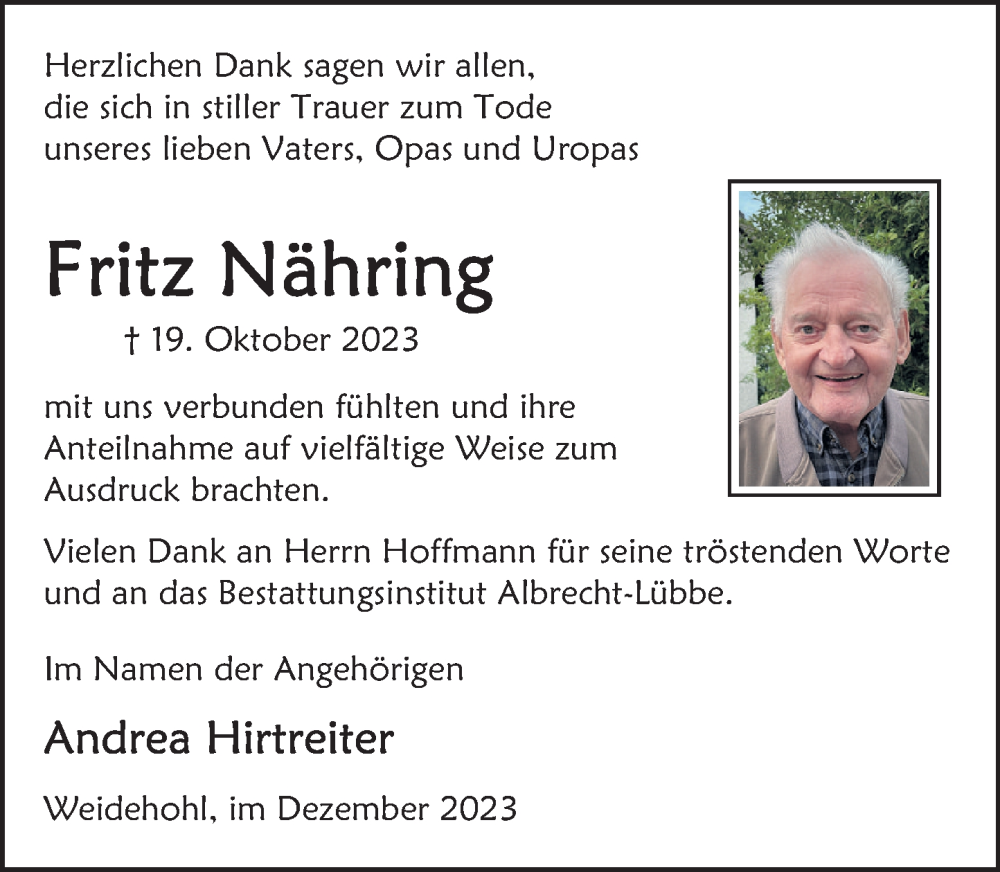  Traueranzeige für Fritz Nähring vom 02.12.2023 aus Deister- und Weserzeitung