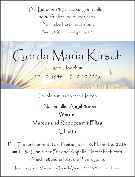 Traueranzeige von Gerda Maria Kirsch von Deister- und Weserzeitung