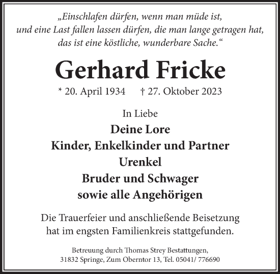 Traueranzeige von Gerhard Fricke von Neue Deister-Zeitung