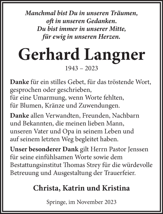 Traueranzeige von Gerhard Langner von Neue Deister-Zeitung