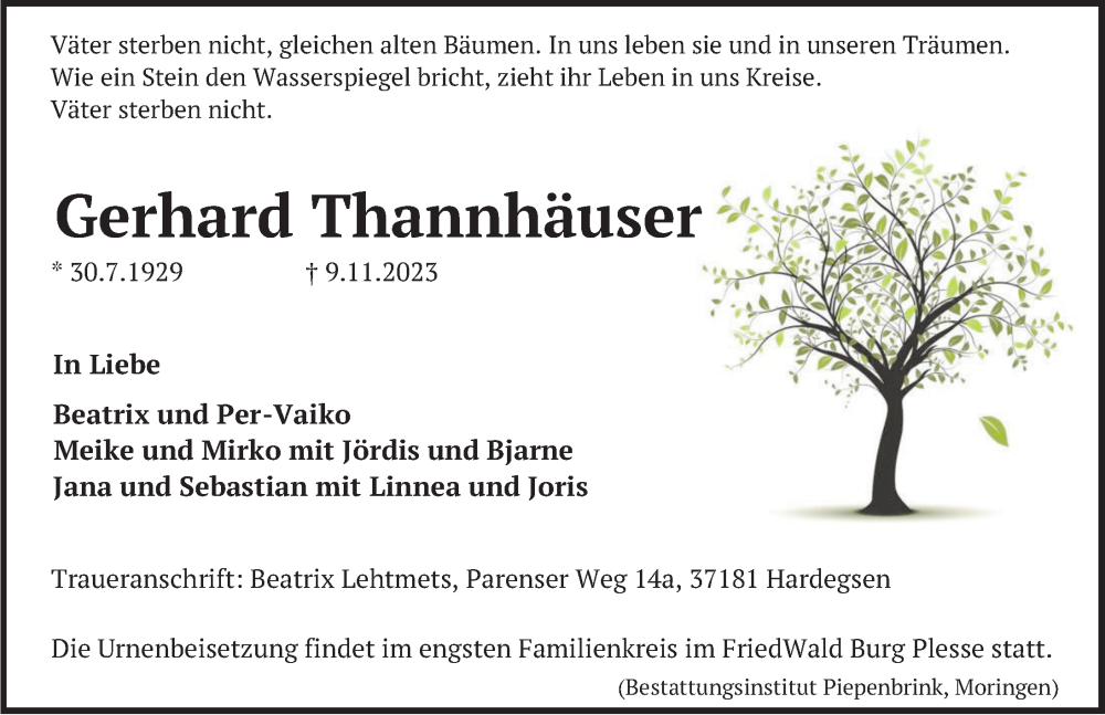  Traueranzeige für Gerhard Thannhäuser vom 18.11.2023 aus Deister- und Weserzeitung