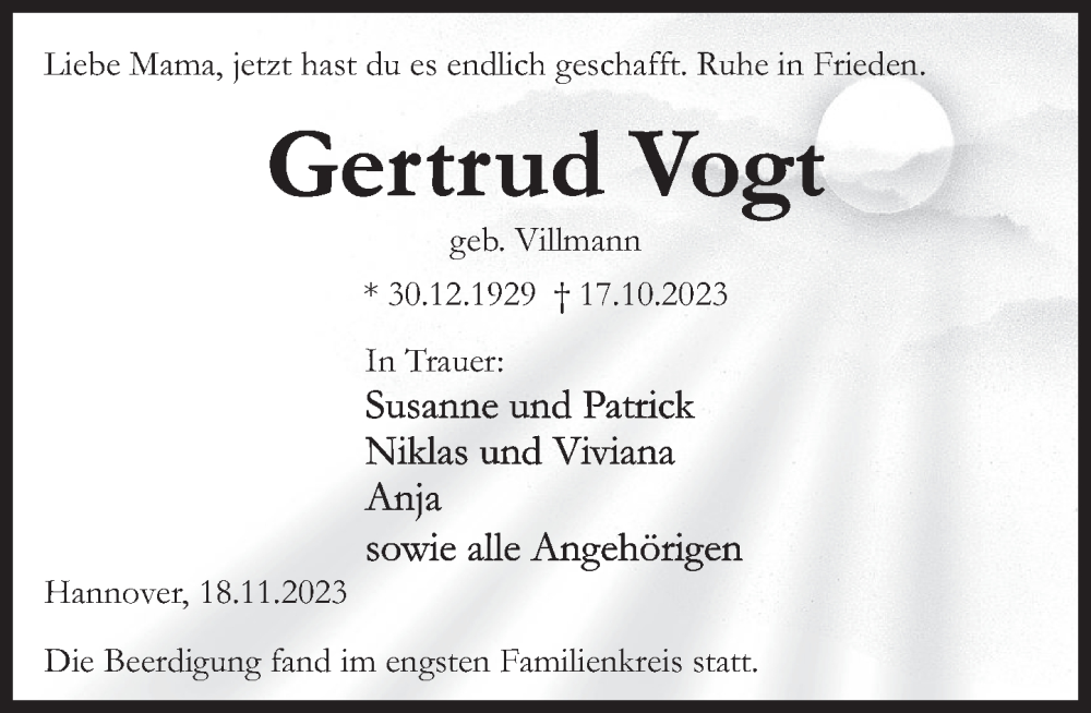 Traueranzeige für Gertrud Vogt vom 18.11.2023 aus Deister- und Weserzeitung