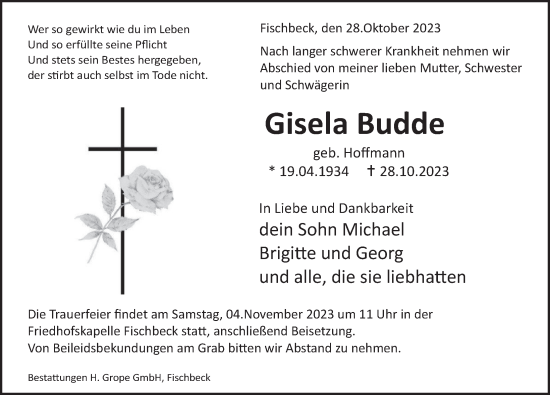 Traueranzeige von Gisela Budde von Deister- und Weserzeitung