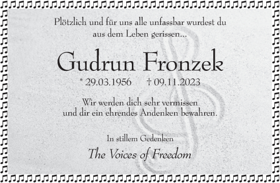 Traueranzeige von Gudrun Fronzek von Deister- und Weserzeitung