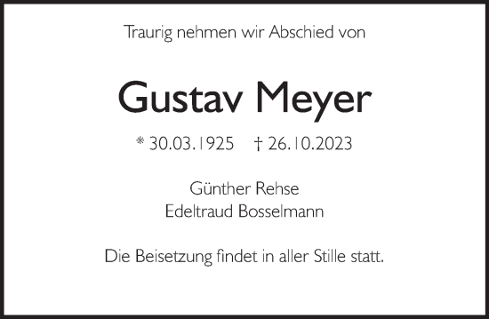 Traueranzeige von Gustav Meyer von Deister- und Weserzeitung