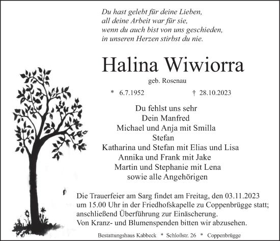 Traueranzeige von Halina Wiwiorra von Deister- und Weserzeitung