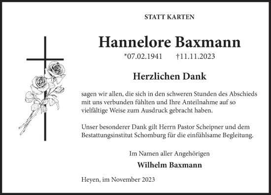 Traueranzeige von Hannelore Baxmann von Deister- und Weserzeitung
