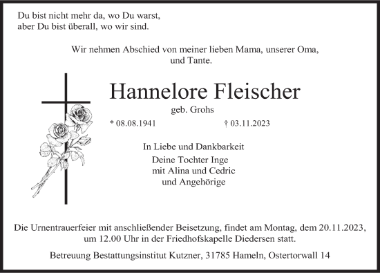 Traueranzeige von Hannelore Fleischer von Deister- und Weserzeitung
