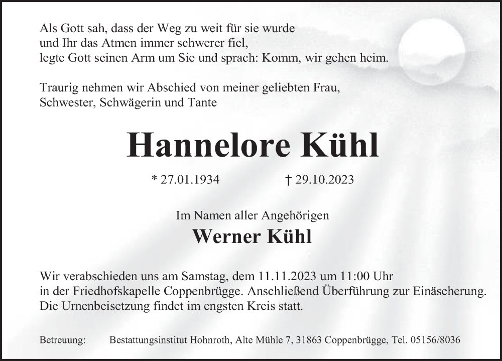  Traueranzeige für Hannelore Kühl vom 04.11.2023 aus Deister- und Weserzeitung