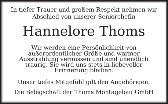 Traueranzeige von Hannelore Thoms von Deister- und Weserzeitung