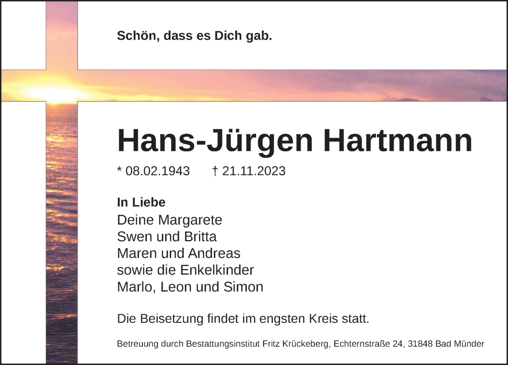  Traueranzeige für Hans-Jürgen Hartmann vom 25.11.2023 aus Neue Deister-Zeitung