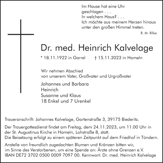 Traueranzeige von Heinrich Kalvelage von Deister- und Weserzeitung