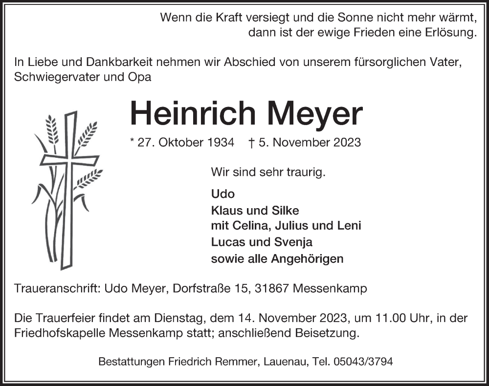  Traueranzeige für Heinrich Meyer vom 11.11.2023 aus Neue Deister-Zeitung