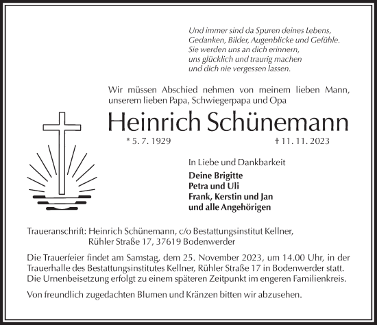 Traueranzeige von Heinrich Schünemann von Deister- und Weserzeitung