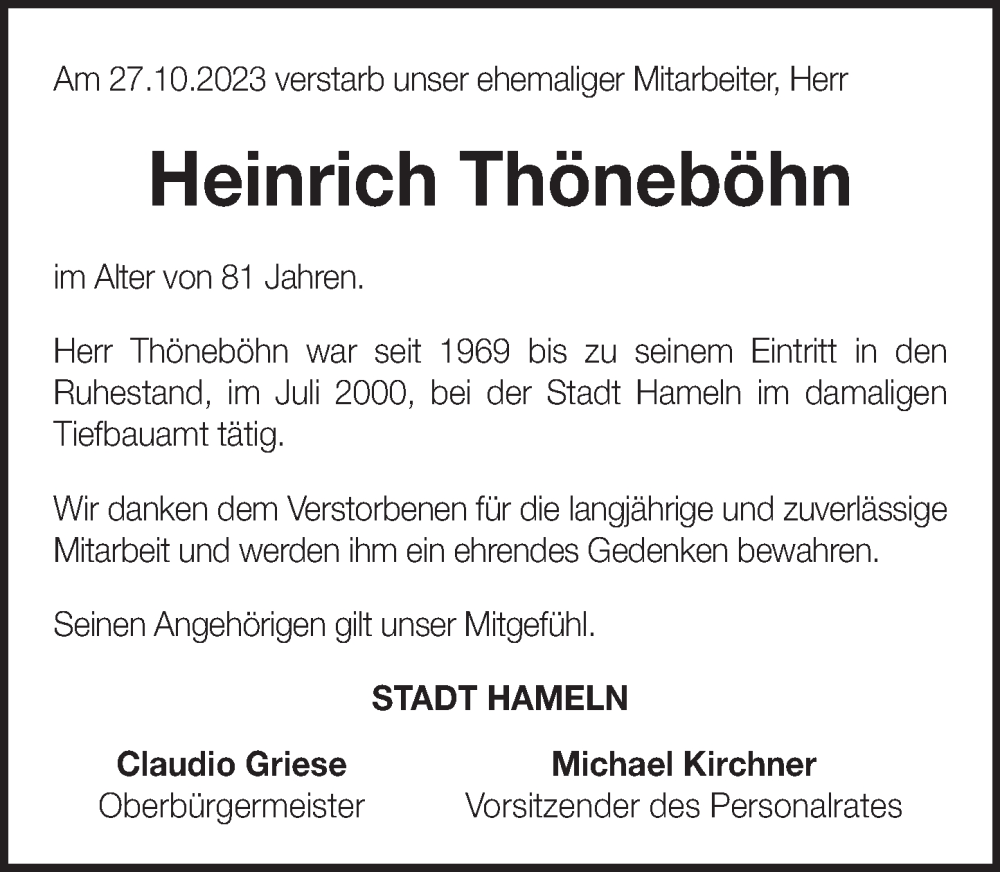  Traueranzeige für Heinrich Thöneböhn vom 16.11.2023 aus Deister- und Weserzeitung