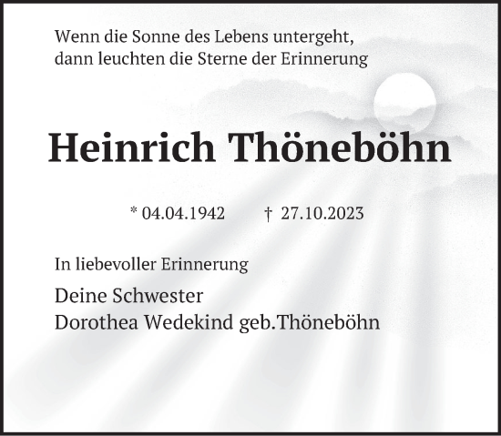 Traueranzeige von Heinrich Thöneböhn von Deister- und Weserzeitung