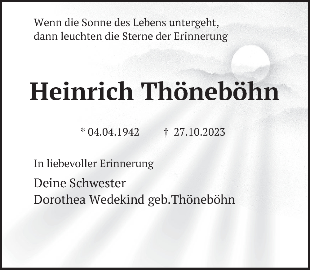  Traueranzeige für Heinrich Thöneböhn vom 15.11.2023 aus Deister- und Weserzeitung