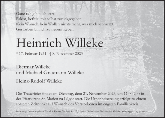 Traueranzeige von Heinrich Willeke von Deister- und Weserzeitung