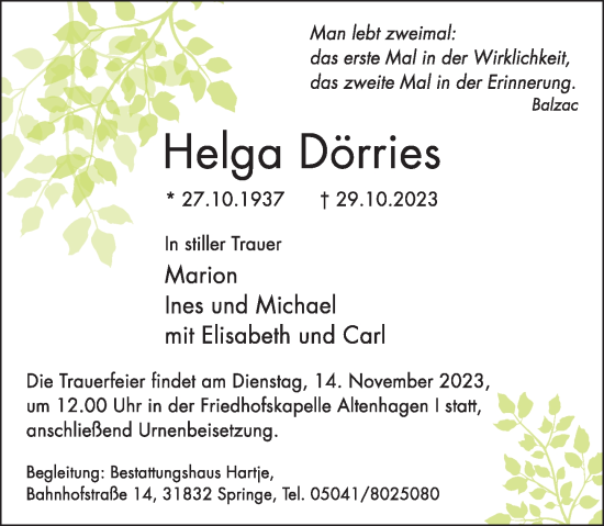 Traueranzeige von Helga Dörries von Neue Deister-Zeitung