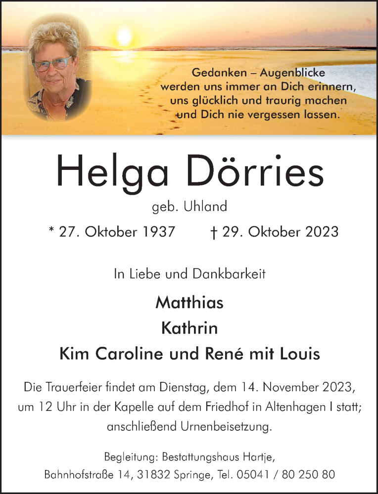  Traueranzeige für Helga Dörries vom 04.11.2023 aus Neue Deister-Zeitung