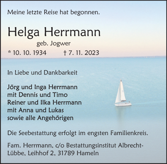 Traueranzeige von Helga Herrmann von Deister- und Weserzeitung