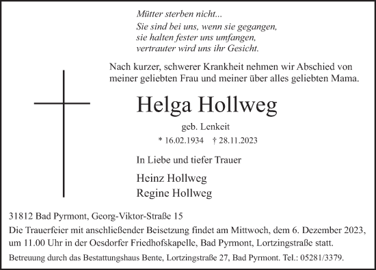 Traueranzeige von Helga Hollweg von Deister- und Weserzeitung