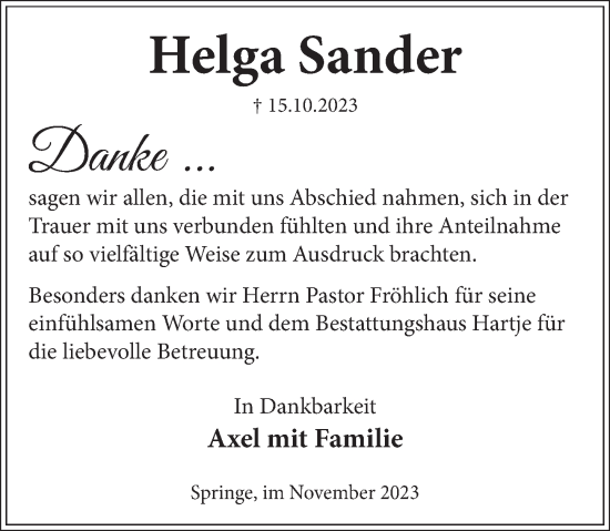 Traueranzeige von Helga Sander von Neue Deister-Zeitung