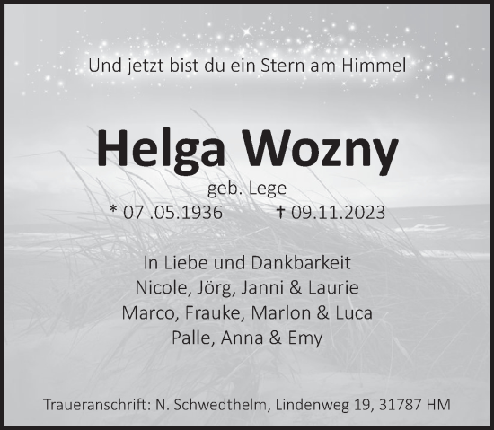 Traueranzeige von Helga Wozny von Deister- und Weserzeitung