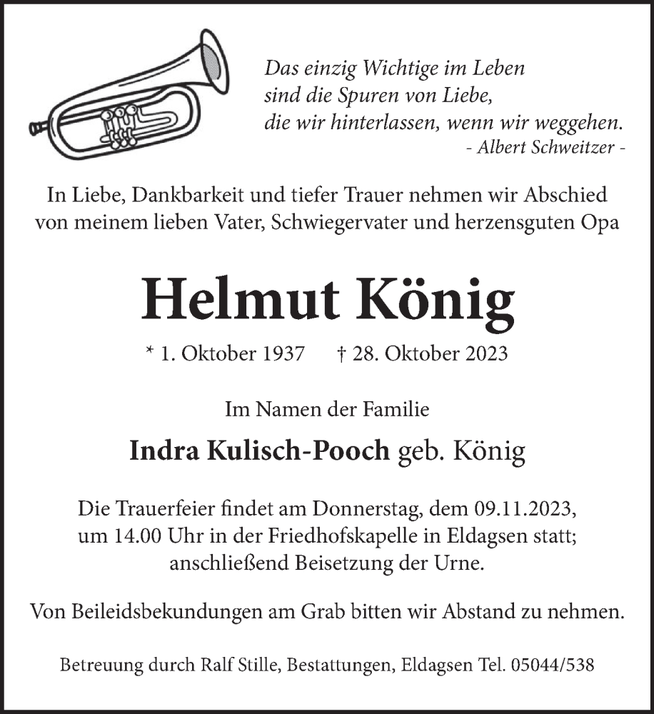  Traueranzeige für Helmut König vom 04.11.2023 aus Neue Deister-Zeitung