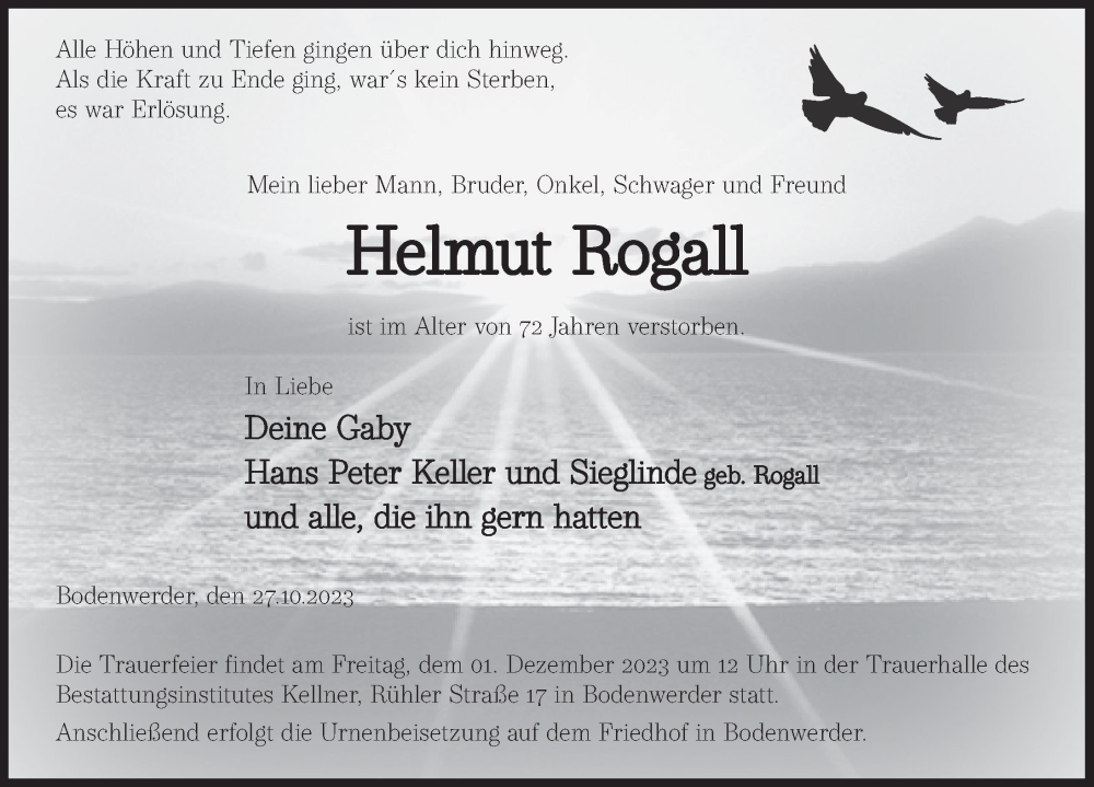  Traueranzeige für Helmut Rogall vom 18.11.2023 aus Deister- und Weserzeitung